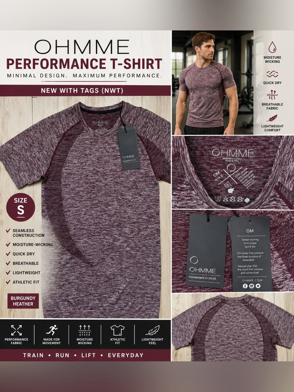 Seamless Performance T Shirt Mens Small Burgundy Athletic Gym Workout NWT
